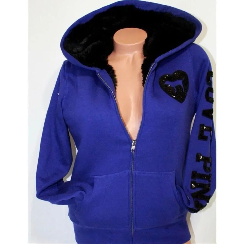 PINK Victoria's Secret VS sequin bling Zip Hoodie fur lined large (L)